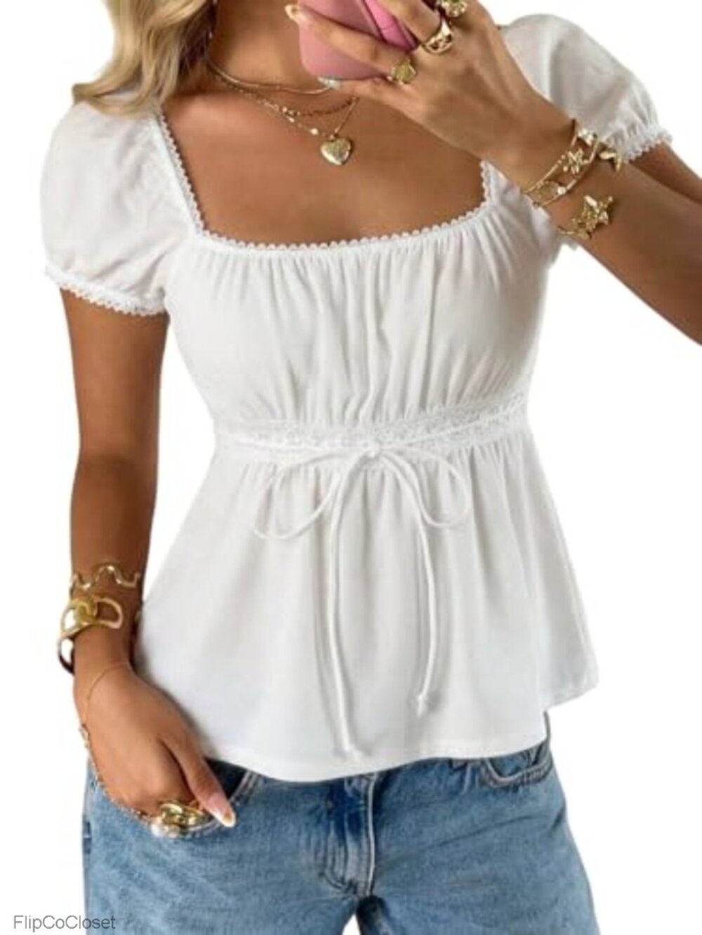 Square Neck Puff Sleeve Ruched Bust Flared Tee Top - Stretchy Blouse